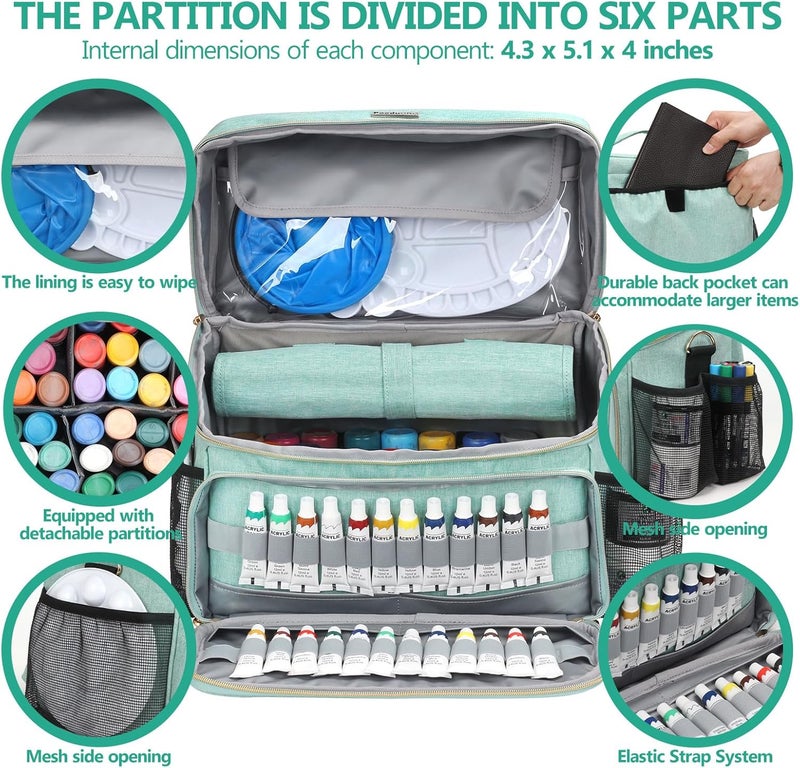 POCDUORG Store Art Supplies Organizer Storage Bag with Detachable Paint Brush Holder & Partition - Carrying Case for Home/Travel/Outdoor Fits Marks, Acrylic Paint, Palettes, Folding Buckets, Portfolios (Pro Green) - Image 3